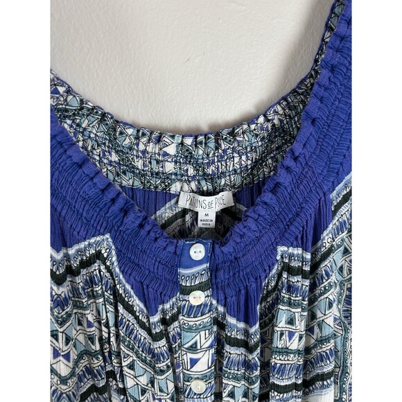 Patrons of Peace Smocked Maxi Dress Womens Medium Blue White Floral House Muumuu - Picture 5 of 5